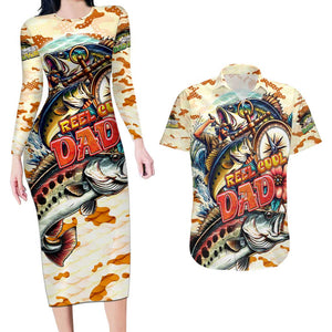 Bass Fishing Reel Cool Dad Couples Matching Long Sleeve Bodycon Dress and Hawaiian Shirt Tropical Vintage