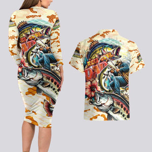 Bass Fishing Reel Cool Dad Couples Matching Long Sleeve Bodycon Dress and Hawaiian Shirt Tropical Vintage