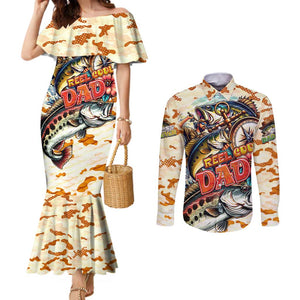 Bass Fishing Reel Cool Dad Couples Matching Mermaid Dress and Long Sleeve Button Shirt Tropical Vintage