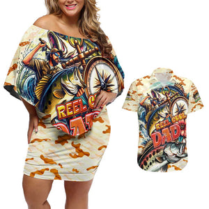 Bass Fishing Reel Cool Dad Couples Matching Off Shoulder Short Dress and Hawaiian Shirt Tropical Vintage