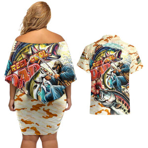 Bass Fishing Reel Cool Dad Couples Matching Off Shoulder Short Dress and Hawaiian Shirt Tropical Vintage