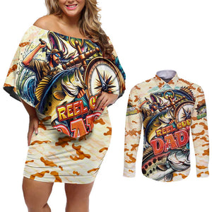 Bass Fishing Reel Cool Dad Couples Matching Off Shoulder Short Dress and Long Sleeve Button Shirt Tropical Vintage