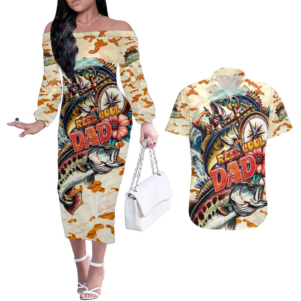 Bass Fishing Reel Cool Dad Couples Matching Off The Shoulder Long Sleeve Dress and Hawaiian Shirt Tropical Vintage