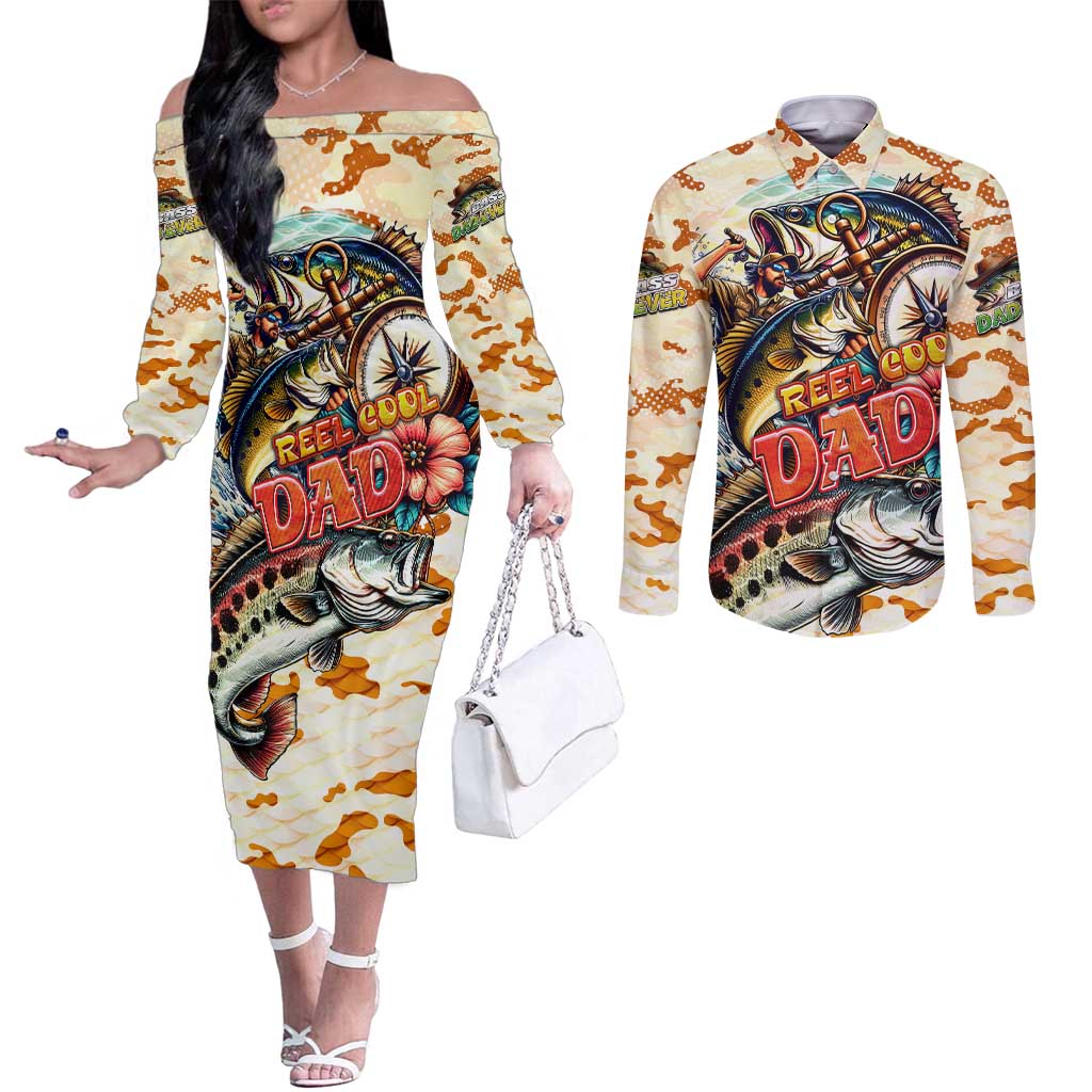 Bass Fishing Reel Cool Dad Couples Matching Off The Shoulder Long Sleeve Dress and Long Sleeve Button Shirt Tropical Vintage