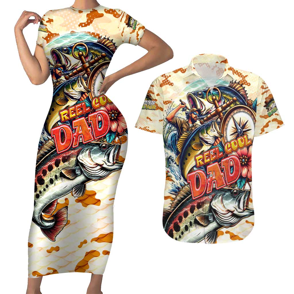 Bass Fishing Reel Cool Dad Couples Matching Short Sleeve Bodycon Dress and Hawaiian Shirt Tropical Vintage