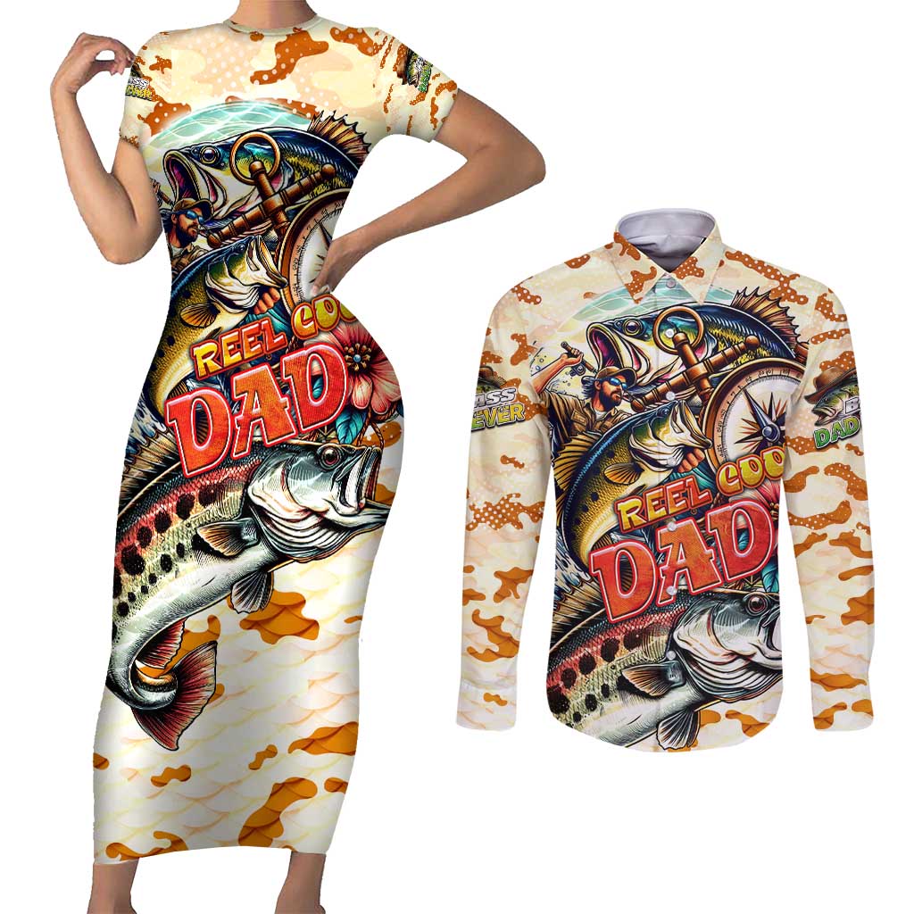 Bass Fishing Reel Cool Dad Couples Matching Short Sleeve Bodycon Dress and Long Sleeve Button Shirt Tropical Vintage