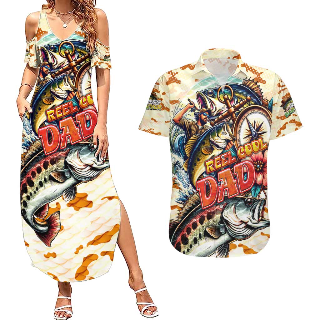 Bass Fishing Reel Cool Dad Couples Matching Summer Maxi Dress and Hawaiian Shirt Tropical Vintage