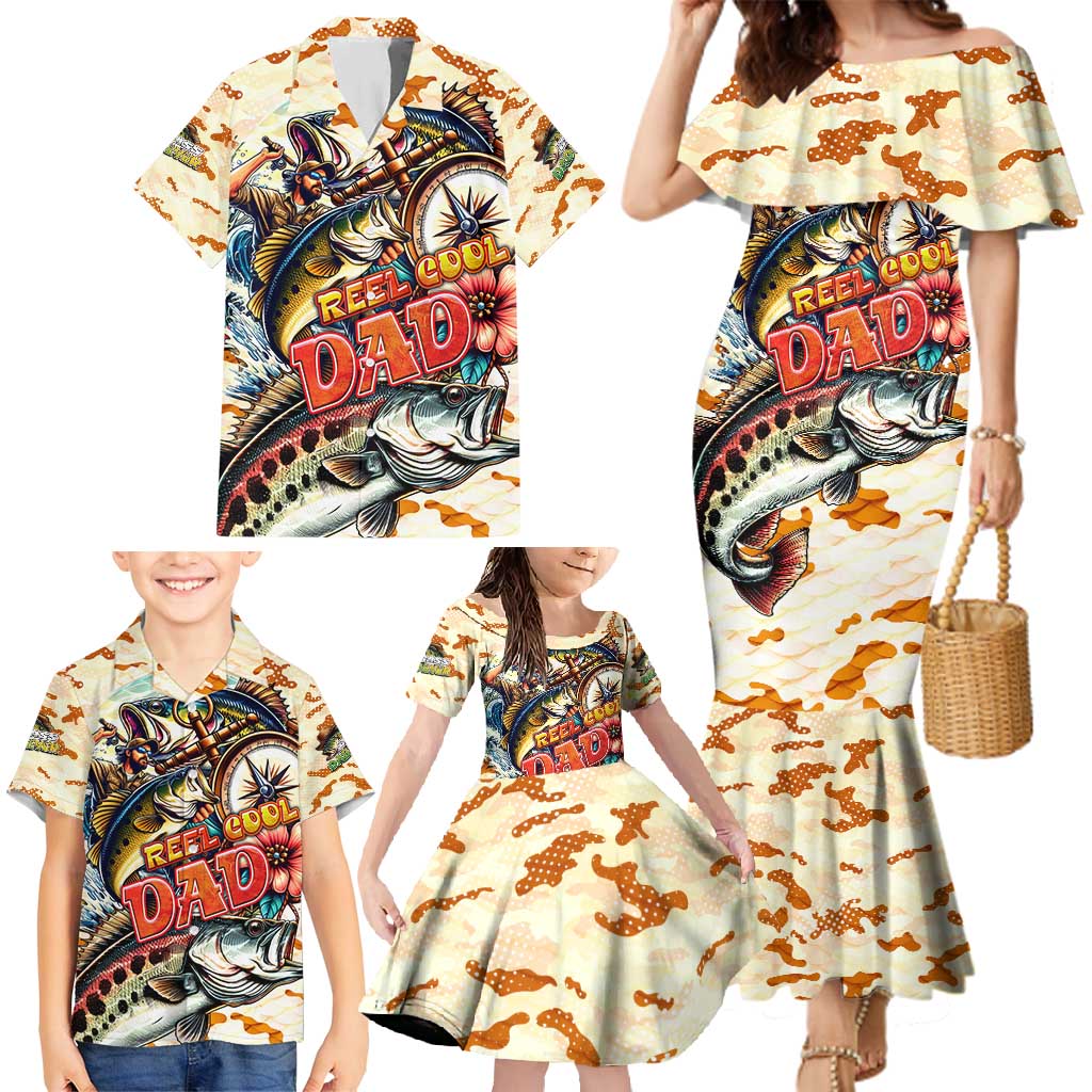 Bass Fishing Reel Cool Dad Family Matching Mermaid Dress and Hawaiian Shirt Tropical Vintage