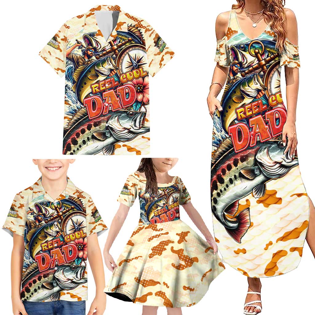 Bass Fishing Reel Cool Dad Family Matching Summer Maxi Dress and Hawaiian Shirt Tropical Vintage