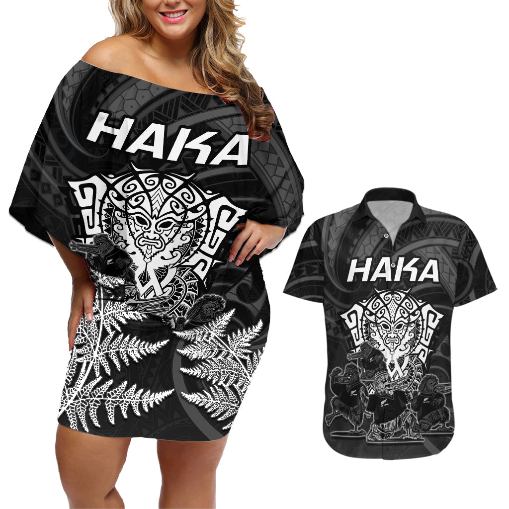 personalised-new-zealand-rugby-couples-matching-off-shoulder-short-dress-and-hawaiian-shirt-aotearoa-ka-mate-haka-all-black-mix-ta-moko-white-style