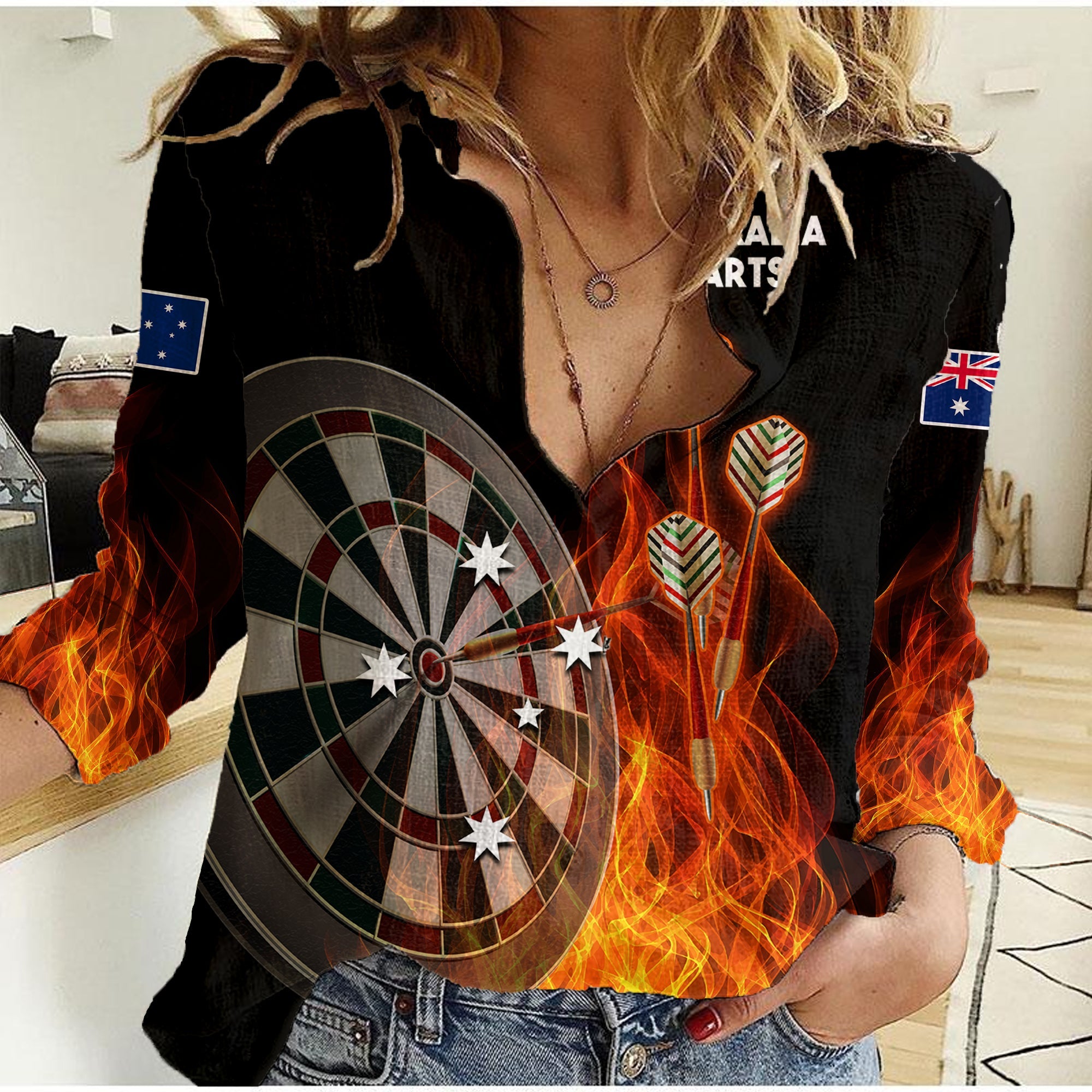 custom-personalised-australia-darts-fire-burning-black-style-women-casual-shirt